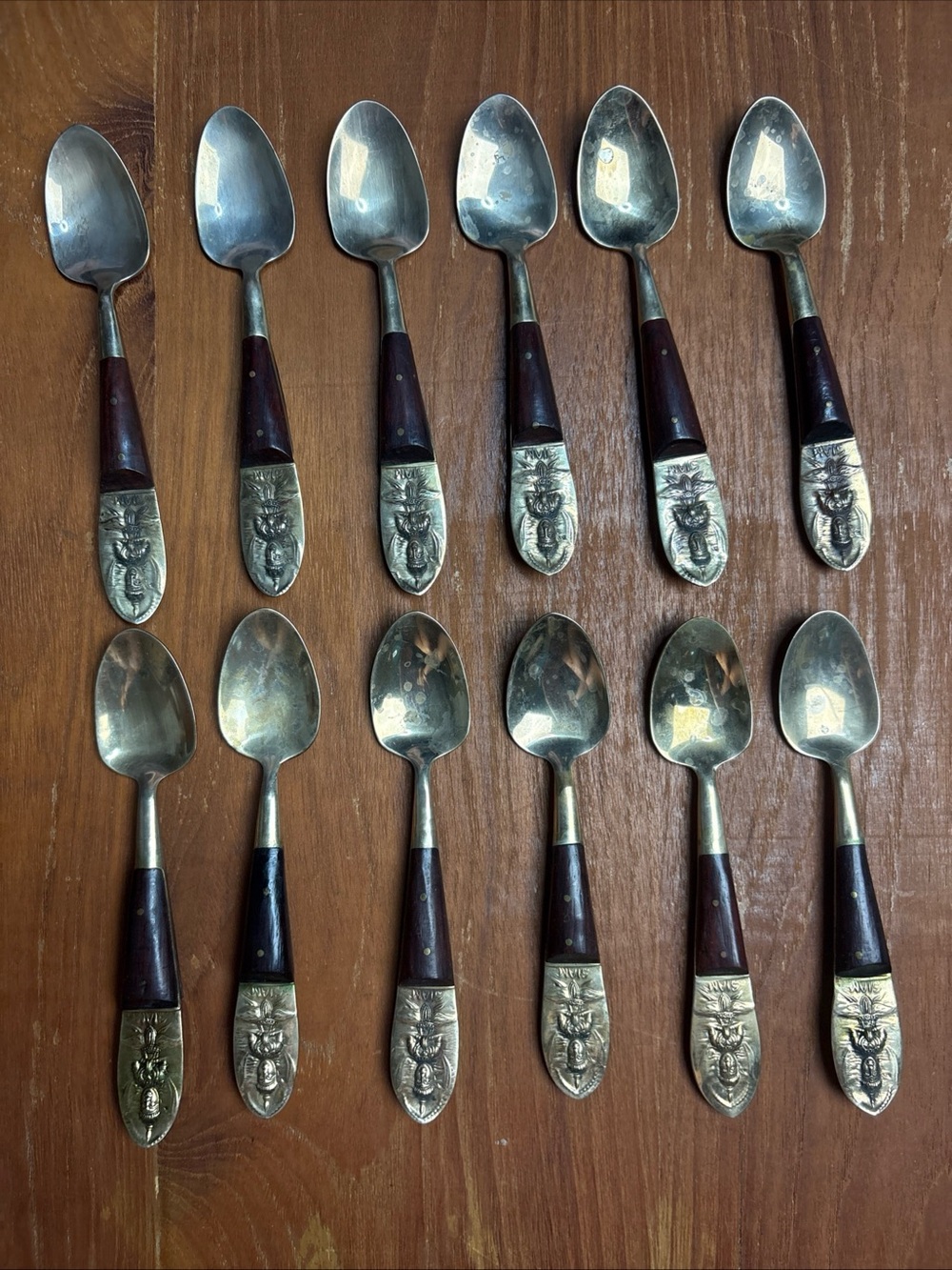 Vintage Siam Thailand Spoon 12 pc 5.5 in Silverware Brass Wood Handle Flatware